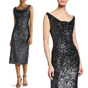 NAEEM‎ KHAN Sequin Draped Shawl Collar Sleeveless Sheath Midi Cocktail Dress 8